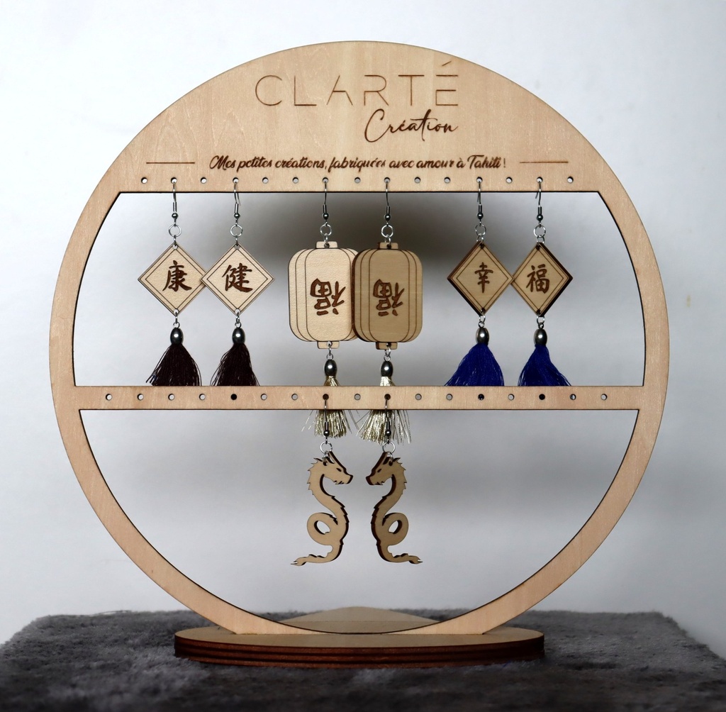 Boucles d'oreilles chinoises "Bonheur" bois