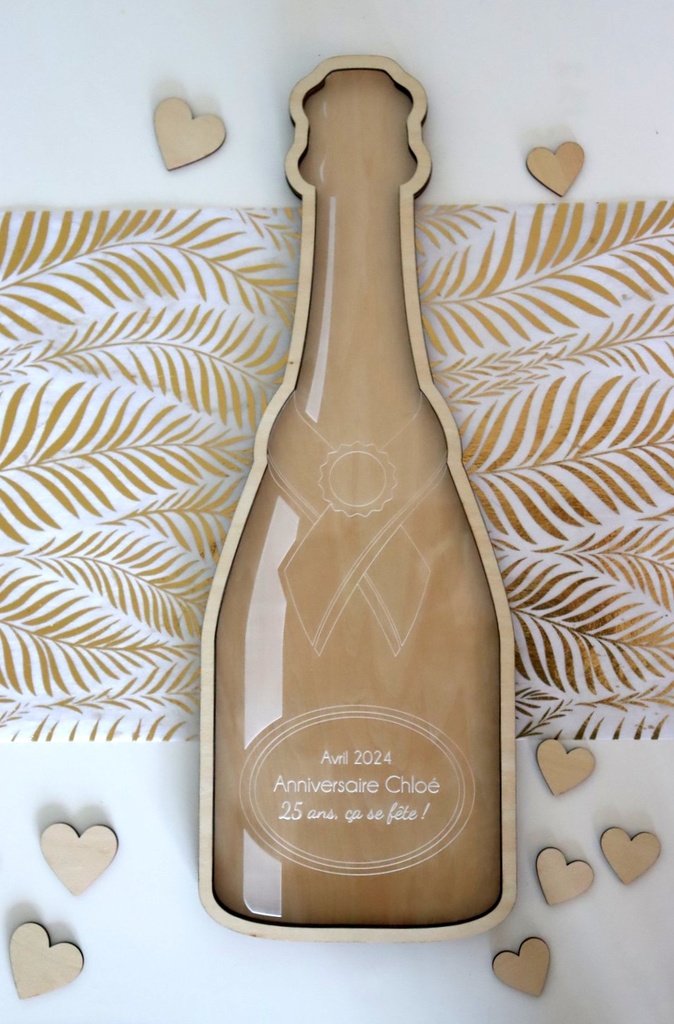 Livre d'or en bouteille de champagne personnalisé en bois & acrylique