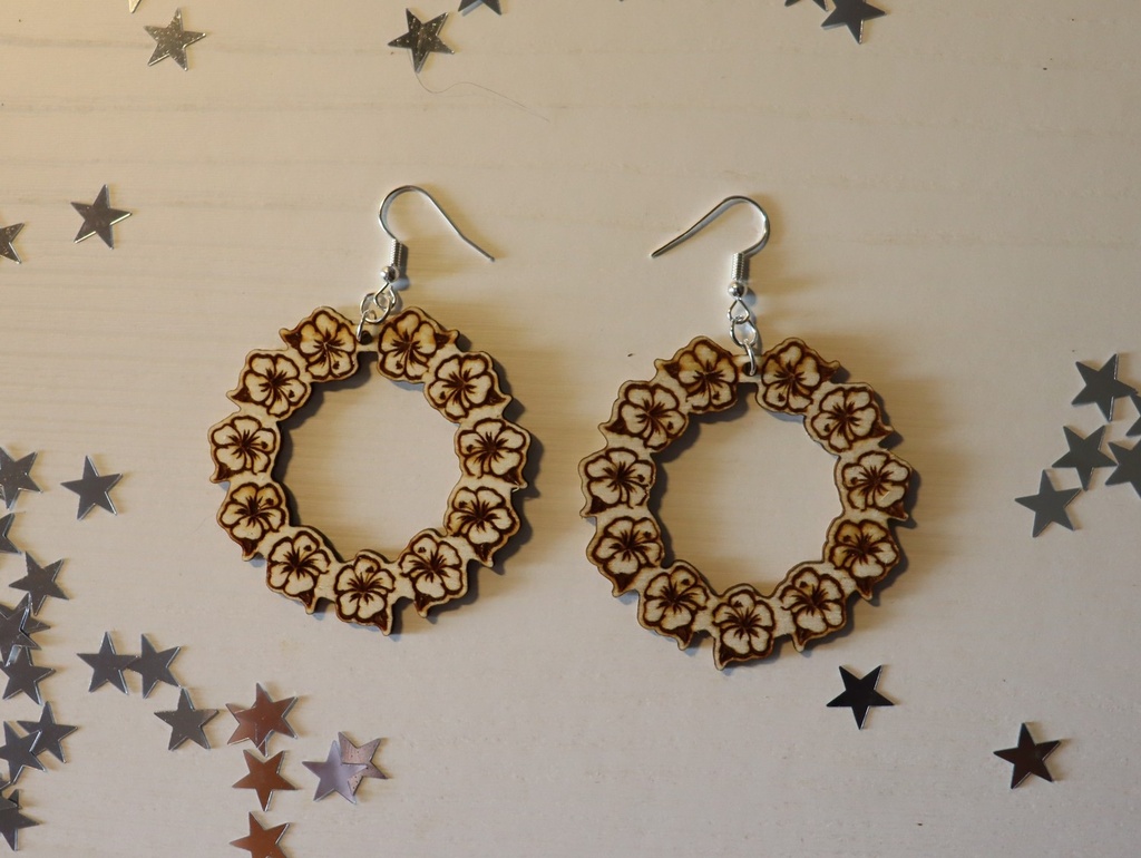 Boucles d'oreilles couronne hibiscus bois