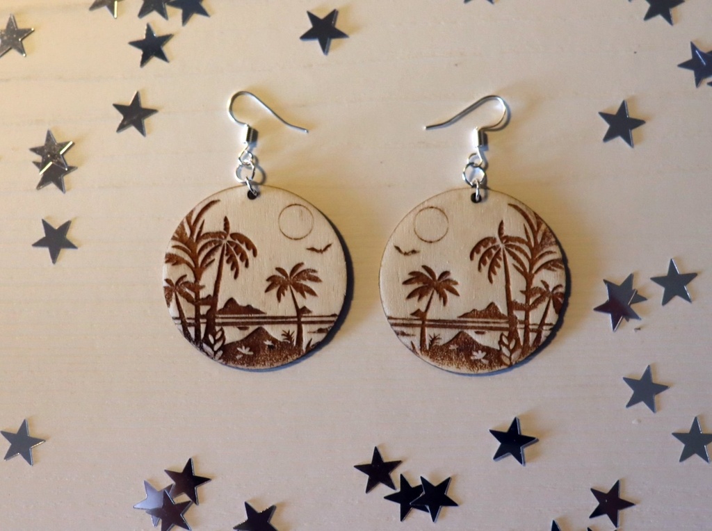 Boucles d'oreilles paysage Tahiti bois