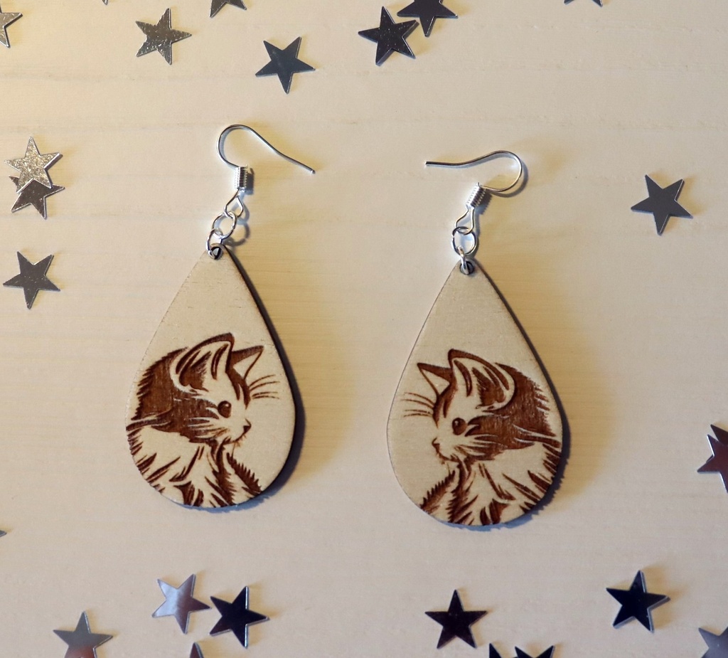 Boucles d'oreilles chaton bois