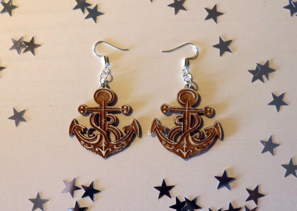 Boucles d'oreilles ancre bateau bois