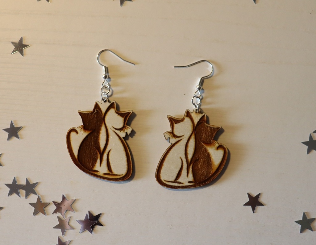 Boucles d'oreilles deux chats bois