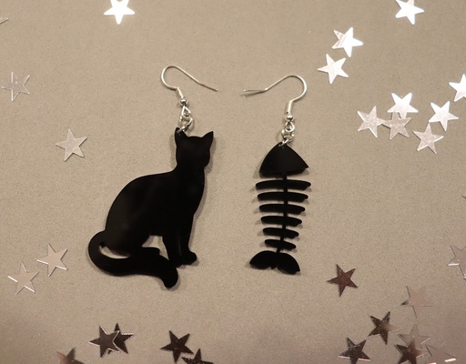 Boucles d'oreilles chat et poisson acrylique noir