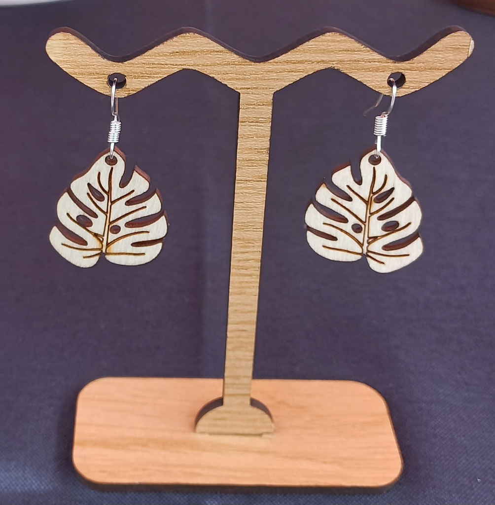 Boucles d'oreilles feuille de monstera en bois